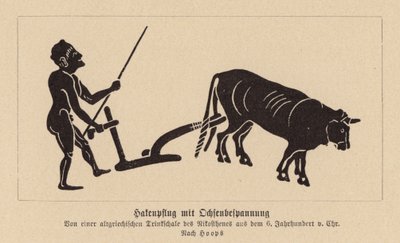 Antiikin Kreikan härkävetoinen aura (litografia) tekijältä Nikosthenes