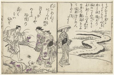 Vaeltajia maisemassa kukkien kanssa tekijältä Nishikawa Sukenobu (attributed to)