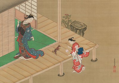 Kurtisaani ja hoitaja leikkii koiran kanssa, n. 1716-1736. tekijältä Nishikawa Sukenobu