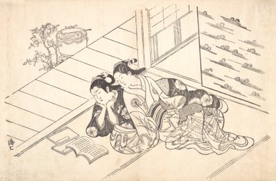 Kaksi naista makaamassa huoneen lattialla ja lukemassa kirjaa, n. 1730, n. 1730. tekijältä Nishikawa Sukenobu