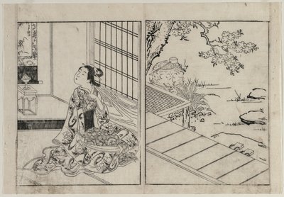 Nainen katselee riippuvaa kirjakääröä, c. 1740-luku. tekijältä Nishikawa Sukenobu
