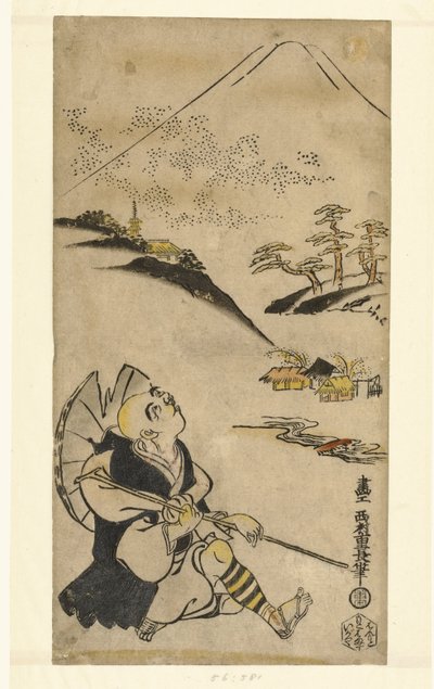 Runoilija-pappi Saigyo Hoshi katselee ylös Fuji-vuorelle tekijältä Nishimura Shigenaga