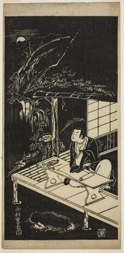 Mies olkikattoisessa majassa katsomassa kuuta tekijältä Nishimura Shigenaga