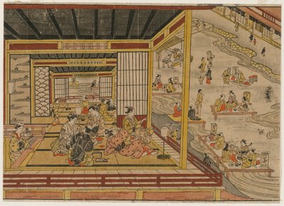 Teetalo Kamo-joen rannalla Kiotossa, 1740-luku. tekijältä Nishimura Shigenaga