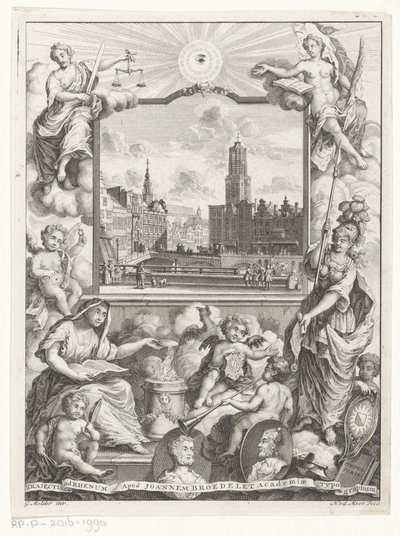 Stadsgezicht met Domkerk te Utrecht en allegorie met Utrechtse stedenmaagd Otsikko: Elias de Vries, Dissertatio juridica, de jure naturale ac gentium, seu duobus prioribus juris fontibus, 1745. tekijältä Noach van der Meer (I)