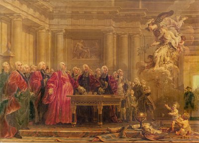 Pariisin tuomarit vastaanottavat uutisen rauhasta 21. kesäkuuta 1763 tekijältä Noel Halle