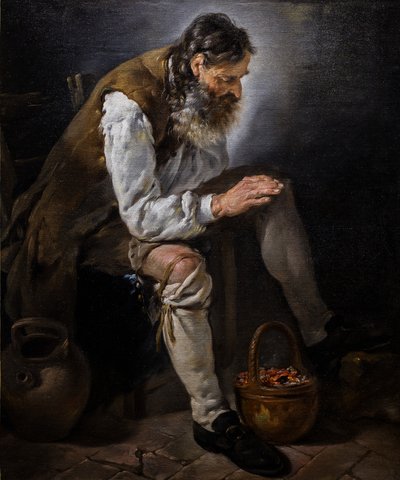 Talvi. Vanha mies lämmittää käsiään uunin ääressä, n. 1747 (Öljy kankaalle). tekijältä Noel Halle