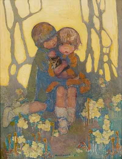 Sisaret kissan kanssa (öljy kankaalle) tekijältä Norah Neilsen Gray