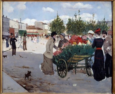 Kukkakauppias Boulevard Rochechouartilla Pariisissa (Marche de la Madeleine). Norbert Goeneutten (1854-1894) maalaus tekijältä Norbert Goeneutte