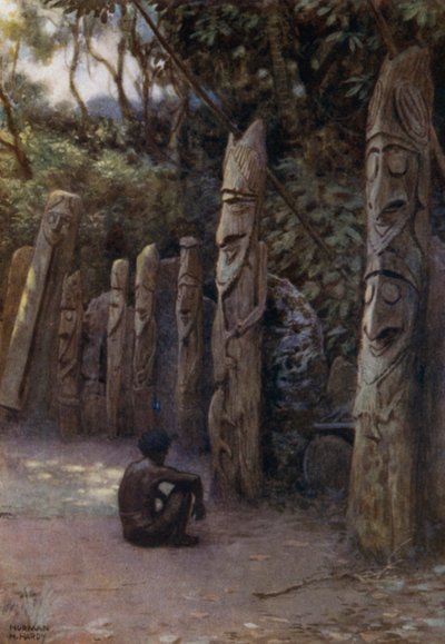 Kivi "Demits" tai sielut puuhahmoineen, Malekulan saari, Uudet Hebridit (väri litho) tekijältä Norman Hardy