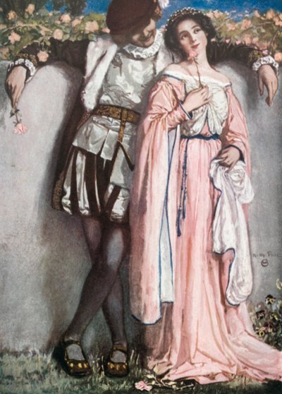 Beatrice ja Benedick. Paljon puhetta tyhjästä - näytös IV, kohtaus 1 (värilitografia). tekijältä Norman Mills (after) Price