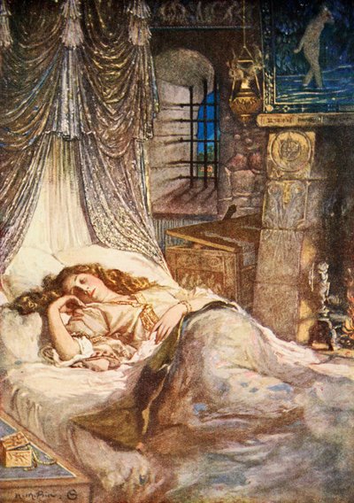 Imogenin sänkykammio, Cymbeline, näytös II kohtaus 2, kuvitus Charles ja Mary Lambin teoksesta Tales from Shakespeare tekijältä Norman Mills (after) Price
