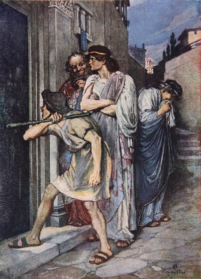 "Let my Master in", The Comedy of Errors, näytös III kohtaus 1, kuvitus Charles ja Mary Lambin tarinasta "Tales from Shakespeare" tekijältä Norman Mills (after) Price
