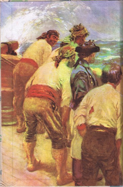 Kannen sisäkuvio, MacDonald 1947 julkaisema Treasure Island (väri litho) tekijältä Norman Mills Price