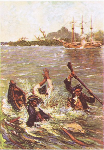 Vene upposi perästä kolme jalkaa veteen, MacDonaldin 1947 julkaisemasta Treasure Islandista (väri litho) tekijältä Norman Mills Price