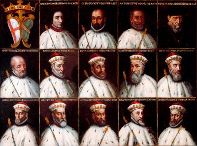 Geenitasavallan vaakuna ja Dogeen muotokuvia - Simone Boccanegra, Ottaviano Fregoso ja Antoniotto II Adorno; Andrea Doria. Oberto Cattaneo Lazzari, Battista Spinola, Battista Lomellini, Cristoforo Grilaldi Rosso, Giovanni Battista Doria tekijältä Northern Italian School