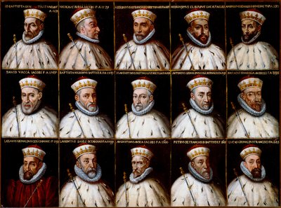 Geenitasavallan vaakuna ja Dogeen muotokuvia. Gio. Battista Gentile Pignolo, Nicolò Doria, Gerolamo De Franchi Toso, Gerolamo Chiavari, Ambrogio Di Negro, Davide Vacca (tai Vaccari), Battista Negrone, Gio Giustiniani Campi, Antonio Grimal tekijältä Northern Italian School