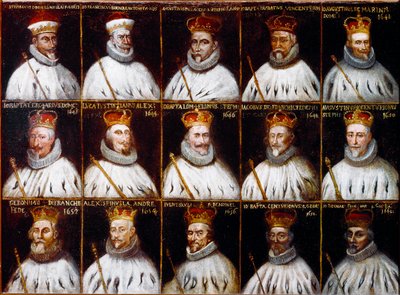 Geenitasavallan vaakuna ja Dogeen muotokuvia. Giovanni Stefano Doria, Francesco Gio. Brignole Sale, Agostino Pallavicini, Giovanni Battista Durazzo, Agostino Giovanni De Marini, Giovan Battista Lercari, Luca Giustiniani, Giovanni Battista L tekijältä Northern Italian School