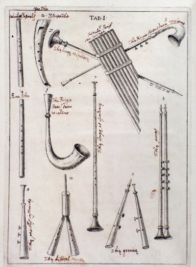Puhallinsoittimet -sivu "The Three Types of Musical Instruments" -soittimista käsittelevä Francesco Bianchini kertoo vanhoista soittimista tekijältä Northern Italian School