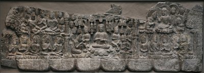 Seinäveistos: Buddhien ja Bodhisattvien taivaalliset kokoontumiset, Handan, Hebein maakunta, 550-577 (kalkkikivi, jossa on pigmenttijälkiä) tekijältä Northern Qi Dynasty Chinese Scool