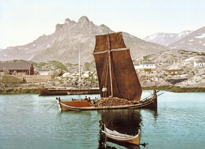 Nordland-vene, joka kuljettaa tukkilastia, Norja, 1890-1900 tekijältä Norwegian Photographer