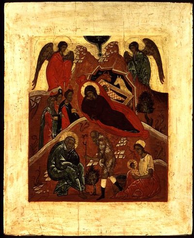 Syntymän ikoni, tietäjien palvonta ja Pyhän Joosefin kiusaus, n. 1500 (taulussa kultalehti ja tempera) tekijältä Novgorod School