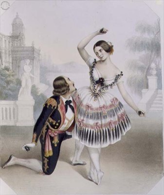 Fanny Cerrito (1817-1909) ja S. Leon Hänen Majesteettinsa teatterista "La Manollassa", kaiverrettu C. Grafin toimesta (värilitografia). tekijältä Numa (after) Blanc