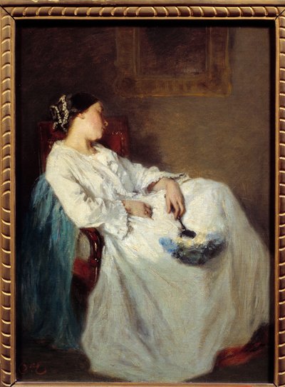 Nukkuvan istuvan naisen maalaus Octave Tassaertilta (1800-1874) 1800-luvun su. 0,32 x 0,24 m tekijältä Octave Tassaert