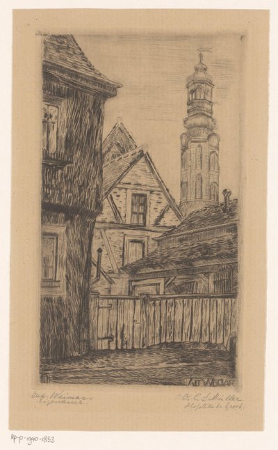 Kaupunkikuva ja torni Weimarissa Alt Weimar (otsikko esineessä) tekijältä Octavia Cornelia Suzanna Hofstede de Groot (signed by artist)