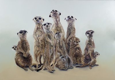 Meerkat mob, aurinkoenkelit, 2013 (akryyli gessoiduille puupinnoille) tekijältä Odile Kidd