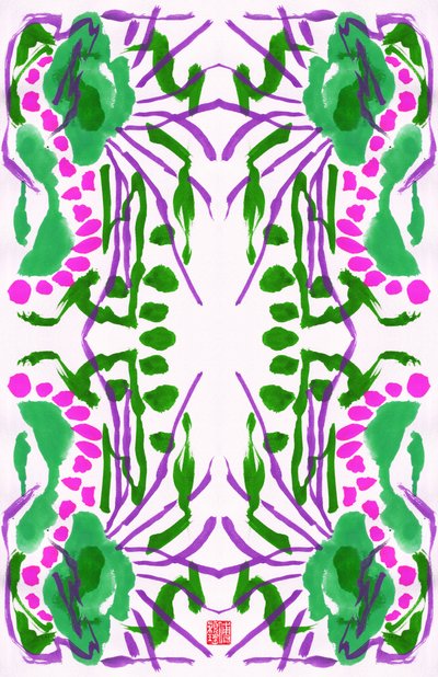 Peacock Green Pink Floral Pattern, 2023 (guassi paperille, digitaalinen) tekijältä Odilia W. Y. Fu