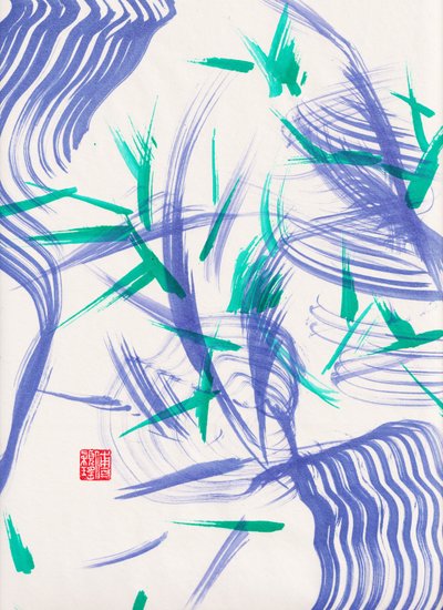 Zen Green Bamboo Abstraction 2, 2020 (akryyli Xuan-paperille) tekijältä Odilia W. Y. Fu