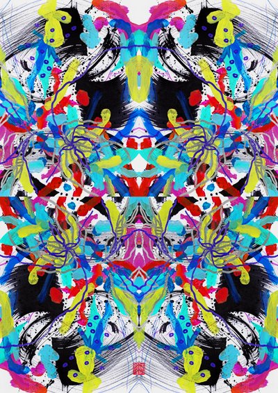 Zen Ink Blue Red Yellow Floral Pattern, 2023 (akryyli paperille, digitaalinen) tekijältä Odilia W. Y. Fu