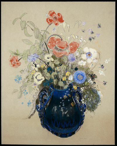 Sinisten kukkien maljakko, n. 1905-1908 tekijältä Odilon Redon