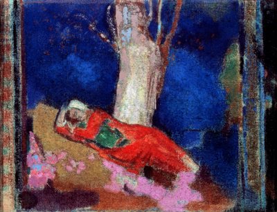 Nainen makaa puun alla, 1800-luku tai 1900-luvun alku. tekijältä Odilon Redon