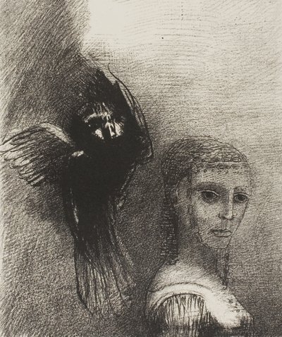 Ja iso lintu, laskeutuu taivaalta, kaatuu hiuksensa ylintä kärkeä vasten, levy 3/10 tekijältä Odilon Redon
