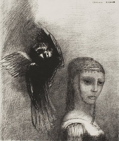 Ja iso lintu, laskeutuu taivaalta, kaatuu hiuksensa ylintä kärkeä vasten, levy 3/10 tekijältä Odilon Redon