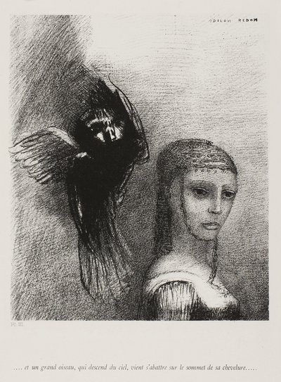 Ja iso lintu, laskeutuu taivaalta, kaatuu hiuksensa ylintä kärkeä vasten, levy 3/10, 1888 tekijältä Odilon Redon