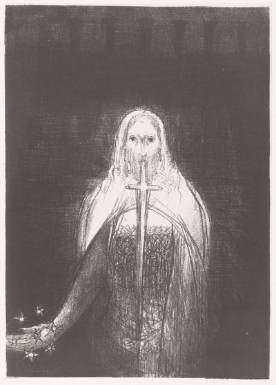 Christus laittaa sterenin käteensä Ja hänellä oli oikeassa kädessään seitsemän tähteä, ja hänen suustaan ​​lähti terävä kaksiteräinen miekka Apocalypse of Saint John (sarjan nimi) Openbaring van Johannes (sarjan nimi) tekijältä Odilon Redon