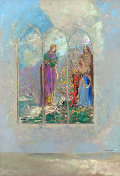Hartaus punaisen pensaan edessä - Hartaus punaisen pensaan lähellä - Odilon Redonin maalaus (1840-1916) tekijältä Odilon Redon