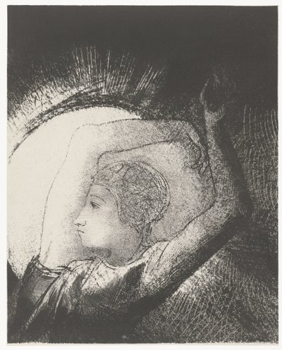 Nainen pukeutunut aurinkoon ...une femme revêtue du Soleil (otsikko esineessä) Apocalypse de Saint-Jean (sarjan nimi) Johanneksen ilmestys (sarjan nimi) tekijältä Odilon Redon