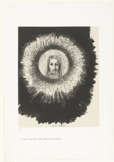 Ja auringon kiekossa loistivat Kristuksen kasvot ...et dans le disque même du soleil, rayonne la face de Jésus-Christ (otsikko esineessä) Tentation de Saint-Antoine (1) (sarjan nimi) Temptation of Saint Anthony (sarjan nimi) tekijältä Odilon Redon