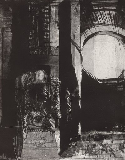 Ja kaikkialla on basalttipylväitä,? Valoa putoaa holveista, Blatt 3 der Folge La Tentation de Saint-Antoine. 1896 tekijältä Odilon Redon