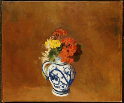 Geraniums ja muut kukat kivitavaramaljakossa tekijältä Odilon Redon