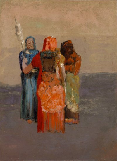 Les Moires (Kolme kohtaloa) (kolme kohtalon jumalaa antiikin mytologiasta tai roomalaisten kohtaloista) - Odilon Redonin (1840-1916) maalaus, öljy kankaalle (32,4 x 23,8 cm) tekijältä Odilon Redon