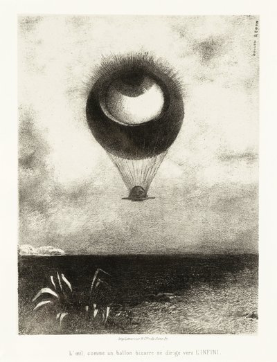 Kuvitussarja Edgar Poelle: "Silmä, kuin outo ilmapallo, nousee äärettömyyteen" Litografia Odilon Redon (1840-1916) tekijältä Odilon Redon