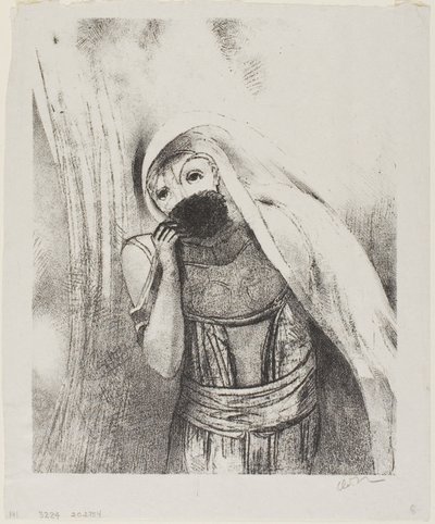 Hän vetää rinnastaan sienen, täydellisen mustan, ja peittää sen suudelmilla, levy 8/24 tekijältä Odilon Redon