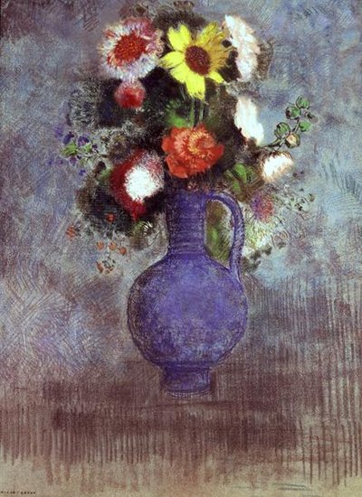Kukkien asetelma sinisessä maljakossa (pastelli) tekijältä Odilon Redon