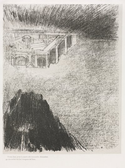 Pyhän Johanneksen Apokalypsi: Ja minä, Johannes, näin pyhän kaupungin, Uusi Jerusalem, 1899. tekijältä Odilon Redon