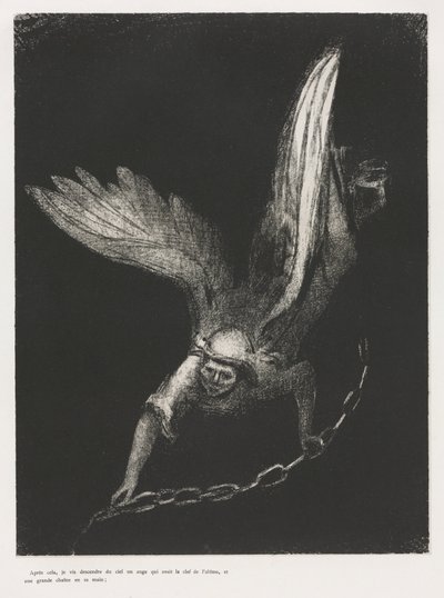 Pyhän Johanneksen Apokalypsi: Ja minä näin hänen oikeassa kädessään, joka istui..., 1899. tekijältä Odilon Redon